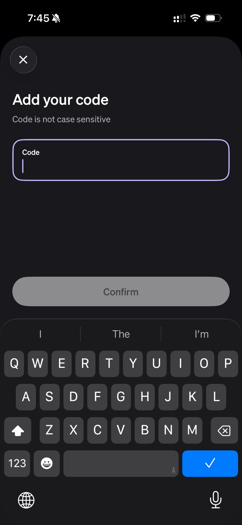 Current app screen for manually entering your referral code