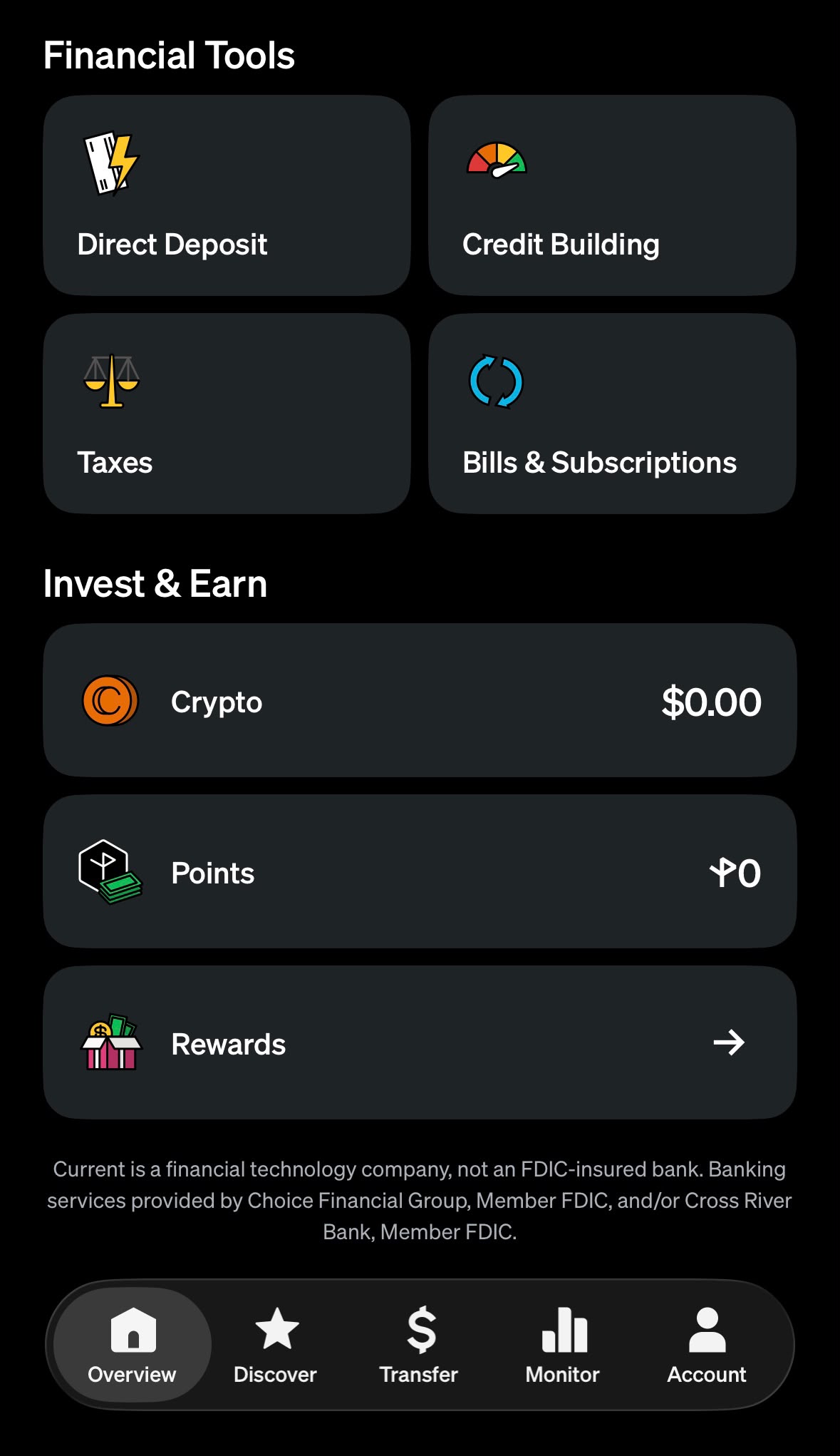 Current app home screen showing the Rewards card