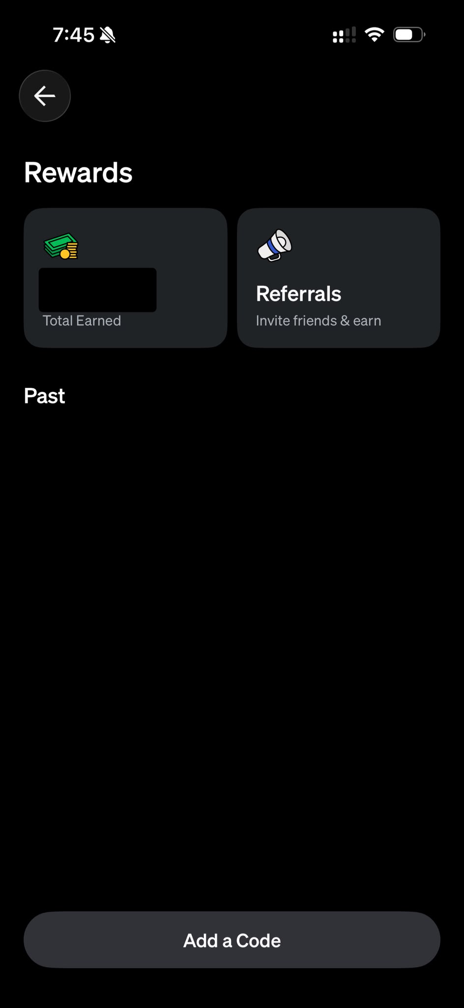 Current Rewards screen with the Add a Code button